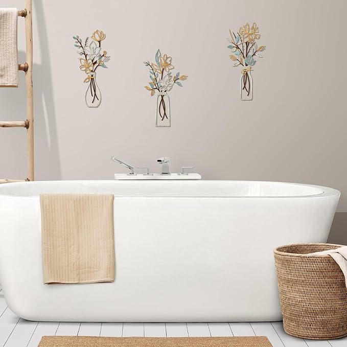 ARTINME 3 Pieces Metal Flowers Wall Arts - Rustic Farmhouse Decor Minimalist Flower Wall Decors for Living room Bathroom Kitchen Bedroom Dining Room - Housewarming Gifts (Beige)