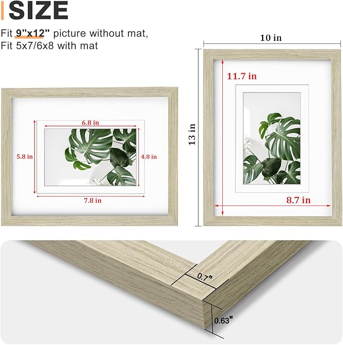 Egofine 9x12 Picture Frames Set of 4, Made of Solid Wood Covered by Plexiglass 5x7 and 6x8 with Mat or 9x12 without Mat, for Table Top Display and Wall Mounting Photo Frame Distressed Wood Grain