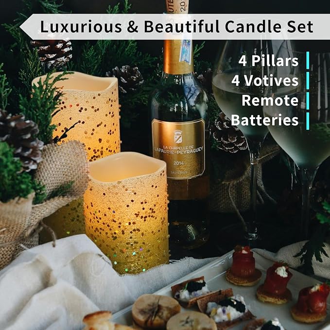 FURORA LIGHTING Gold Glitter LED Candles with Remote and Timer, 4 Pillars and 4 Votives Pack of 8, Real Wax Flameless Flickering Candles for Home Décor, Battery Included
