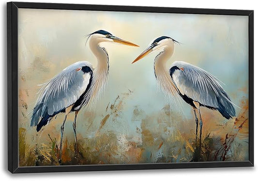 Blue Heron Framed Wall Art for Living Room, Large Birds Canvas Wall Decor, Animal Pictures Painting, Modern Artwork for Bathroom Bedroom 36L'' × 24W''