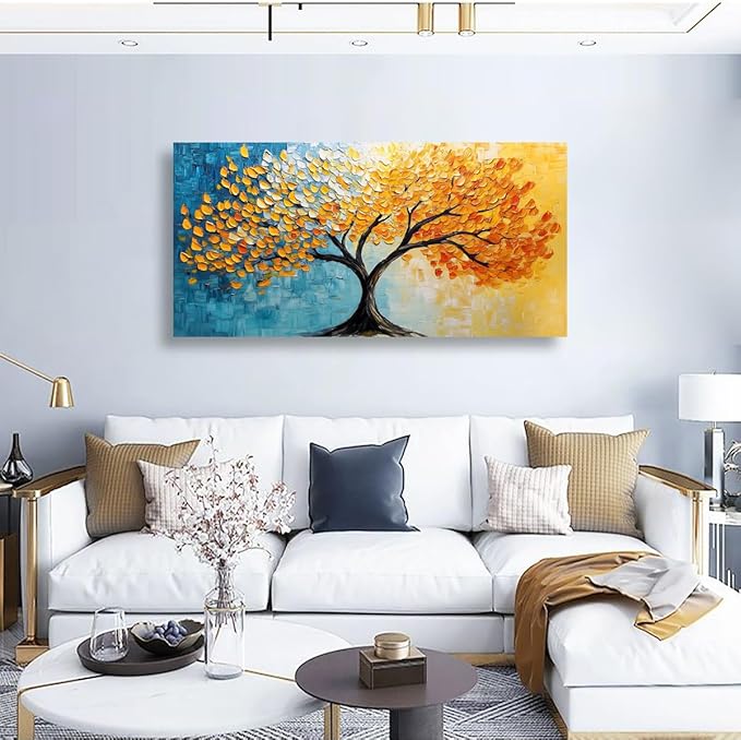 Blue and Yellow Canvas Wall Art Bedroom Wall Decor Living Room,Abstract Tree Leaves Wall Art Office Kitchen Paintings Artwork Modern Golden LeafPictures Art Prints Waterproof Ready to Hang-20x40inch