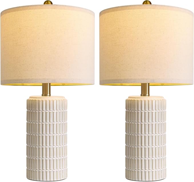 PoKat 20.75" Small Modern Ceramic Table Lamps Set of 2 for Bedroom, White Bedside Lamps for Night Stands, Farmhouse Desk Decor Nightstand Table Lamps for Living Room End Table Beige