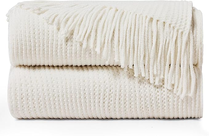 inhand Knitted Throw Blanket for Couch Bed,Chunky Chenille Woven Soft Blankets with Tassels,Cozy Boho Farmhouse Fall Winter Decor,Warm for Women,50"x60",Extra Thick-Off White