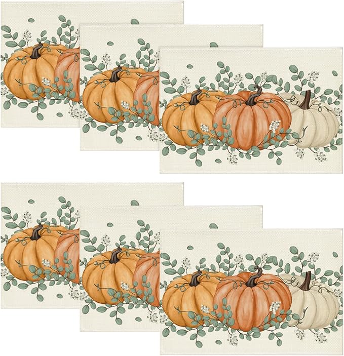 Artoid Mode Orange Pumpkin Eucalyptus Fall Placemats Set of 6, 12x18 Inch Seasonal Table Mats for Table Runner Party Kitchen Dining Decoration