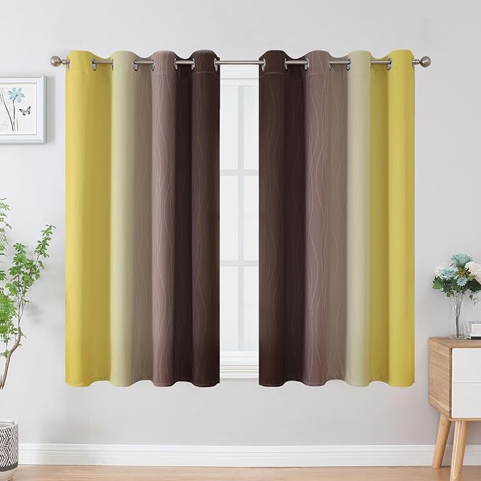 Estelar Textiler Yellow and Brown Blackout Curtains, Full Light Blocking Gradient Grommet Drapes for Living Room, Thermal Insulated Ombre Curtains for Bathroom, 52Wx54L, 2 Panels