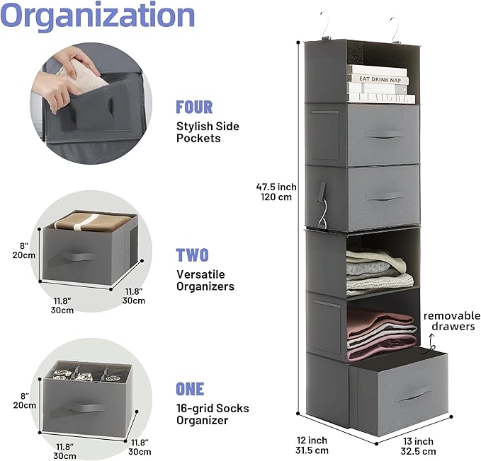 Twira 6-Shelf Hanging Closet Organizer, 2 Separable 3-Shelf Hanging Shelves, Hanging Storage with 3 Removable Drawers 4 Side Pockets, Storage Organizer for Closet, Nursery (Dark Grey)