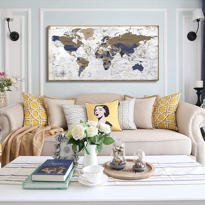 Framed Wall Art World Map Wall Art Canvas Picture20inx40in Large Grey Map of The World Canvas Painting Artwork Prints for Office Wall Decor Home Living Room Decorations Framed Ready to Hang