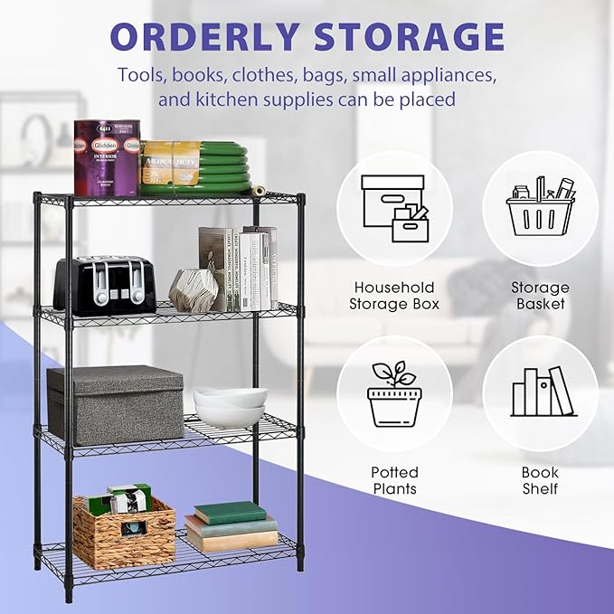 PayLessHere | 4-Tier Wire Shelf | 36"x14"x54" | Black | Adjustable Racks | Heavy-Duty Storage Shelves, Holds Upto 1000 lbs | Rust-Resistant, No-Tool Assembly | for Home, Garage Shelving