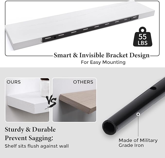 Axeman Floating Shelves, 8 Inch Deep Rustic Solid Wood Wall Shelves for Storage, Wall Mounted Display Shelving with Invisible Heavy-Duty Metal Bracket, 36" W x 8" D x 1.6" H, Distressed White