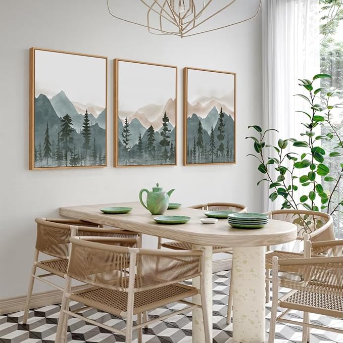 CHDITB Large Mountain Wall Art Set of 3, 24"x36" Framed Forest Woodland Wall Decor, Pine Tree Landscape Wall Painting, Nature Scenery Canvas Art Prints for Living Room, Bedroom, Office, Dining Room