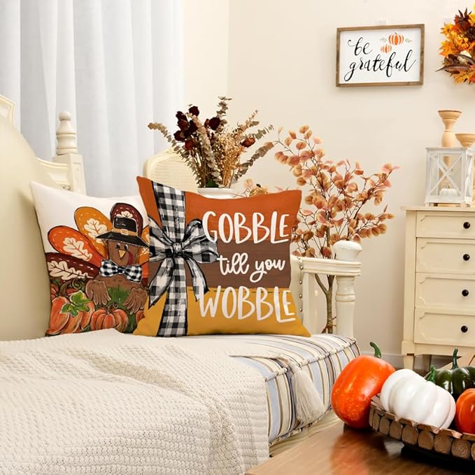 GEEORY Happy Thanksgiving Throw Pillow Covers 20x20 Inch Set of 4, Turkey Gobble Pumpkin Striped Fall Farmhouse Decorative Holiday Decoration for Home G568-20