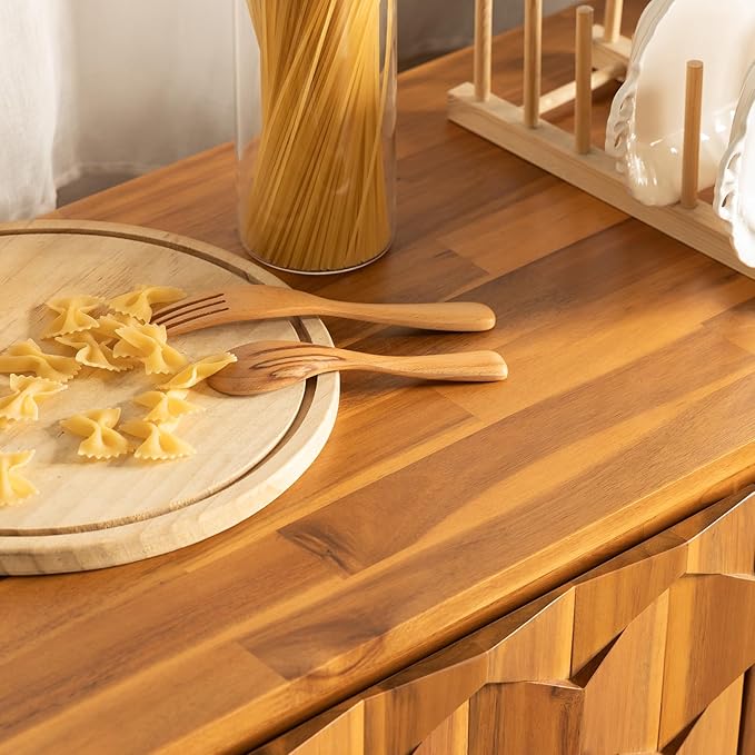 Bme Sideboard Georgina Solid Wood 2 Doors & 3 Drawers, 61'' Mid Century Modern Cabinet with Geometric Pattern for Kitchen, Dining, Living Room, Teak Brown