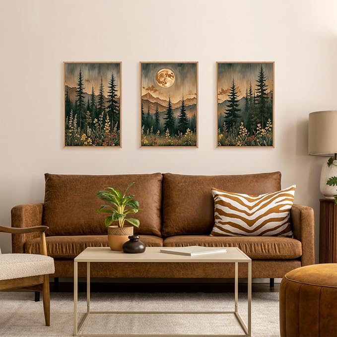 HOURIA Nature Forest Mountain Framed Canvas Wall Art Set,Moonlight Pine Tree Flower Wall Decor,Wilderness Field Wall Painting,Vintage Botanical Art Prints for Living Room,Bedroom,Farmhouse-16 x24 x3