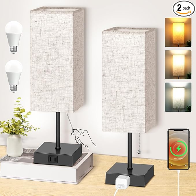 Table Lamp for Bedroom Set of 2, Bedside Lamps with 3 Color Temperatures Night Light, Lamp for Night Stands with AC Outlet and Square Shade, Pull Chain Small Desk Lamp for Living Room Home Decor