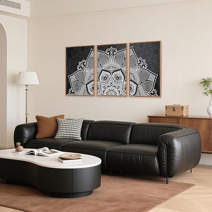 CHDITB Lotus Flower Framed Canvas Wall Art Set, Mandala Wall Decor for Yoga Room, Black and White Spiritual Wall Painting, Vintage Meditation Art Prints for Zen Living Room, Bedroom, Office 16"x24"x3