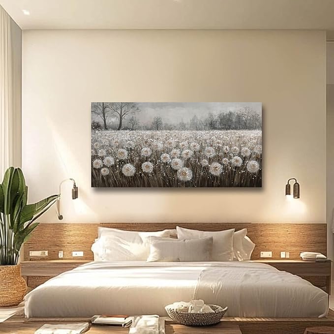 White Flowers Wall Art for Living Room Framed Wall Decor Dandelion Wall Art Artwork Canvas Paintings for Home Office 29"x58”