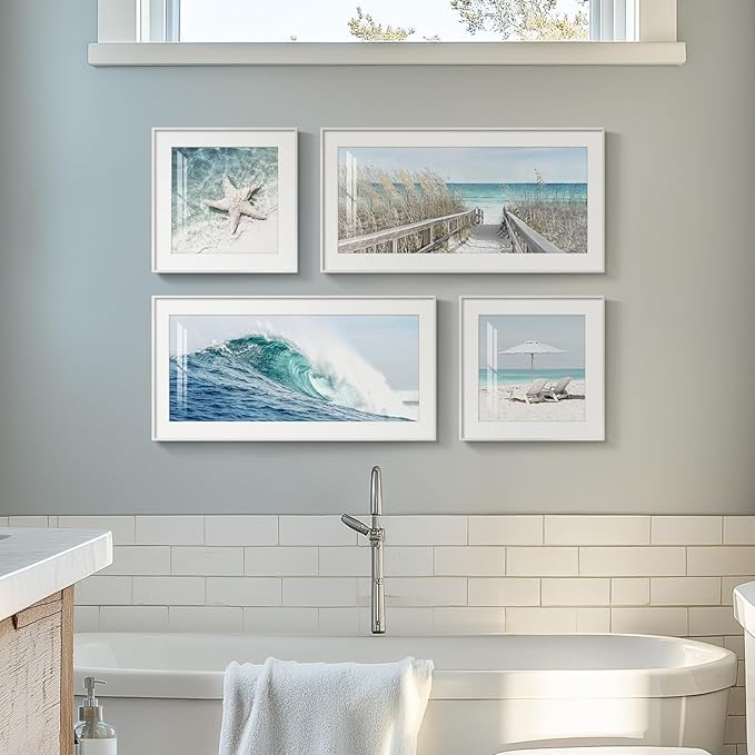 Framed Coastal Wall Art for Living Room, 4 Piece Beach Surf Ocean Artwork for Walls, Large Starfish Reed Seascape Pictures Prints, Beach Coastal Summer Wall Decor for Bedroom Bathroom, Overall 36"x24"