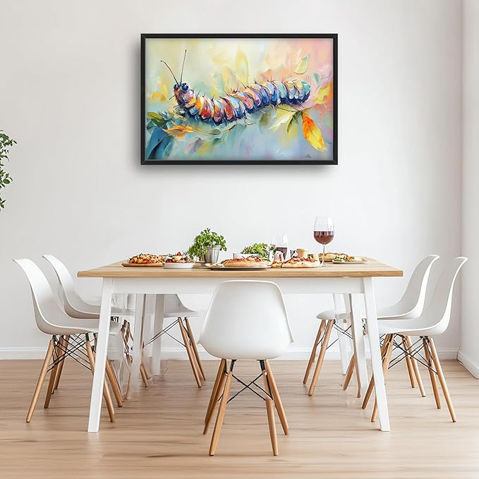 Extra Large Framed Abstract Caterpillar Wall Art,Colorful Cute Caterpillar Leaves Wall Decor Pictures for Living Room,Canvas Print Painting Modern Artwork Bedroom Office Bathroom 36L x24W