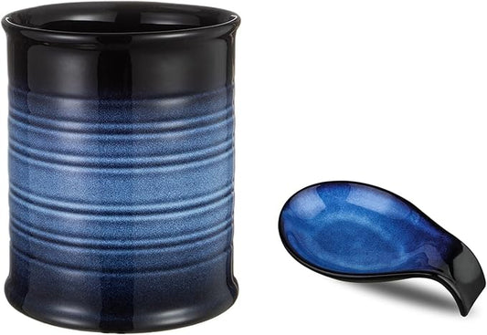Nihow Kitchen Utensil Holder and Spoon Rest: Ceramic Utensil Holder for Countertop - Stable Utensil Crock for Kitchen Counter Decor - Elegant Blue & Black
