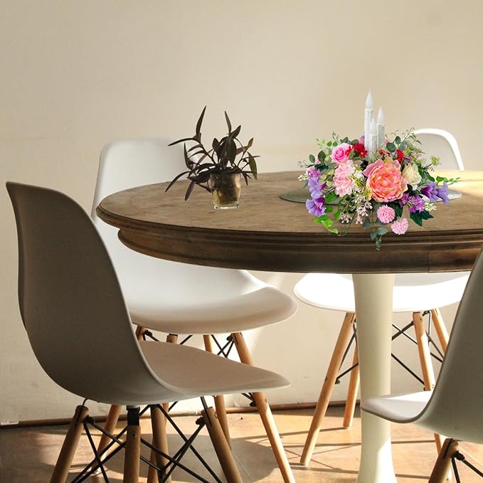 Spring Summer Floral Arrangement Centerpiece for Table with Artificial Peonies Flowers Rose Morning Glory Taper Flameless Candles for Dining Room Wedding All Season