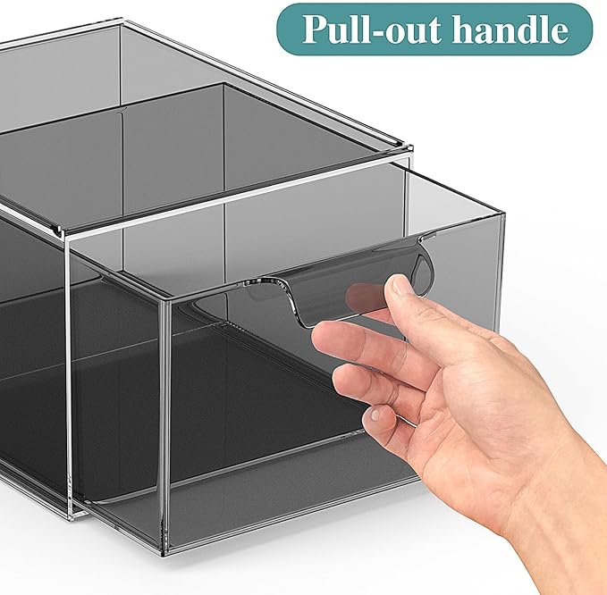 4 Pack Stackable Makeup Organizer and Storage, Acrylic Organizers，Clear Plastic Storage Drawer with Pull-Out Handles for Vanity, Undersink, Kitchen Cabinets, Pantry, Black