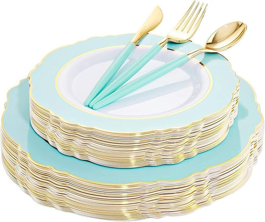 WDF 30Guest Mint Green Plastic Plates & Disposable Gold Silverware With Green Handle-Baroque Green &Gold Plastic Dinnerware for Upscale Party/Picnic/Birthday