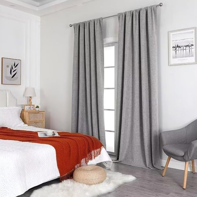 Joydeco Natural Linen Curtains 120 inch Length 2 Panels Set Burg 100% Blackout Patio Door Curtain Room Darkening Sliding Door Curtains Thermal Insulated Back tab Rod Pocket(105x120 inch, Light Grey)