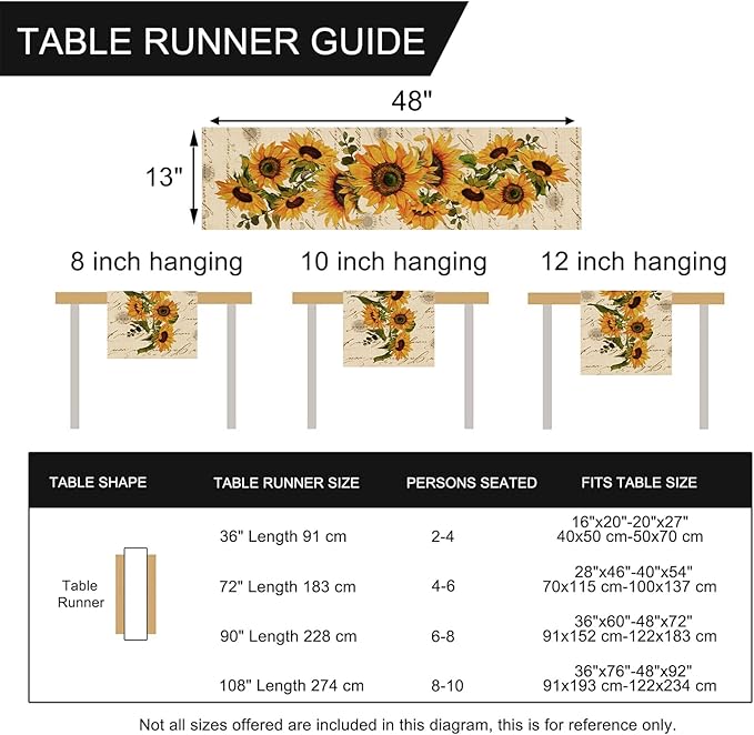 Seliem Fall Sunflowers Table Runner, Vintage Spring Summer Flower Home Kitchen Dining Decor, Seasonal Farmhouse Floral Decorations Indoor Outdoor Party Supply 13 x 48 Inch