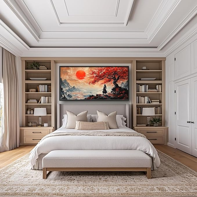 Flintis Large Samurai Framed Wall Art Japan Warrior Pictures Wall Decor Abstract Japanese Art Canvas Painting Print Artworks Decor Framed for Living Room Bathroom Master Bedroom Office 60L X 30W