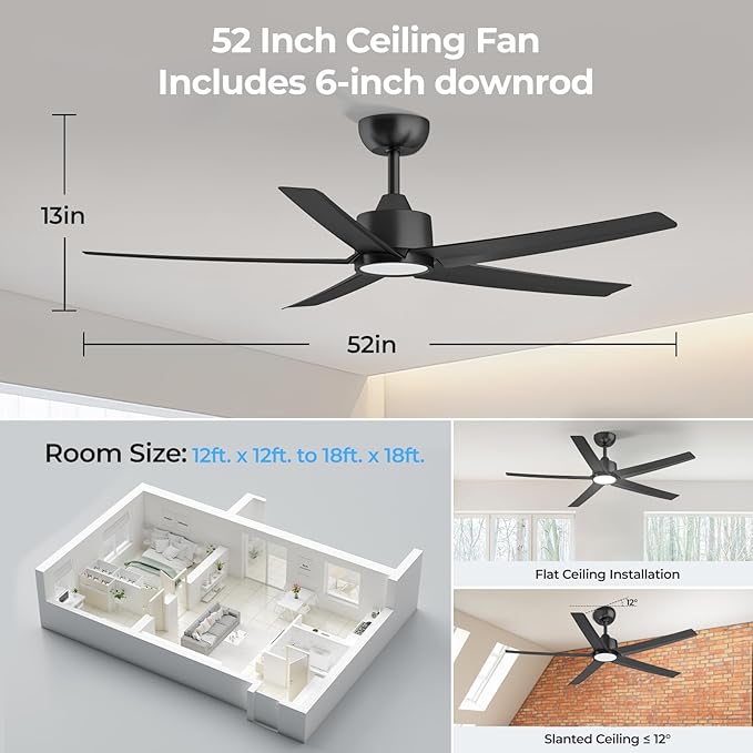 ocioc 52 Inch Smart Ceiling Fan,Modern Ceiling Fans with Lights and Remote,Compatible with Alexa/Google Home/APP,Reversible,Dimmable,3 CCT,Timer,Black Ceiling Fan for Bedroom,Living Room