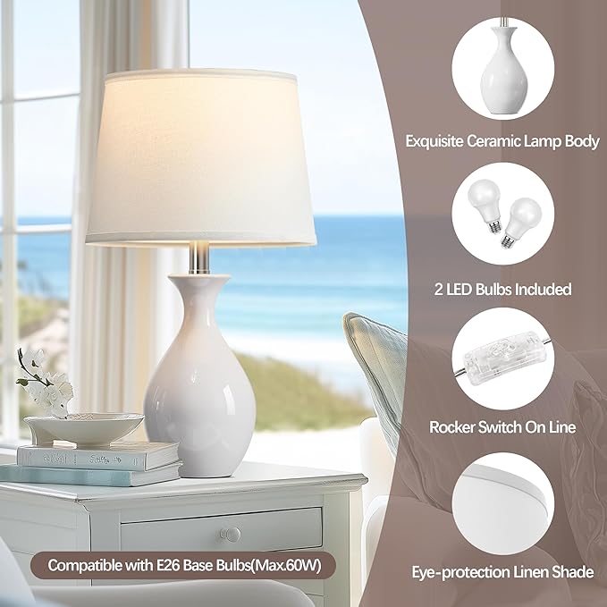 PARTPHONER Table Lamp Set of 2, Modern Ceramic Bedside Lamps for Night Stands, Classic Small Lamp Nightstand Lamp for Bedroom Living Room Desk End Table Rocker Swtich White