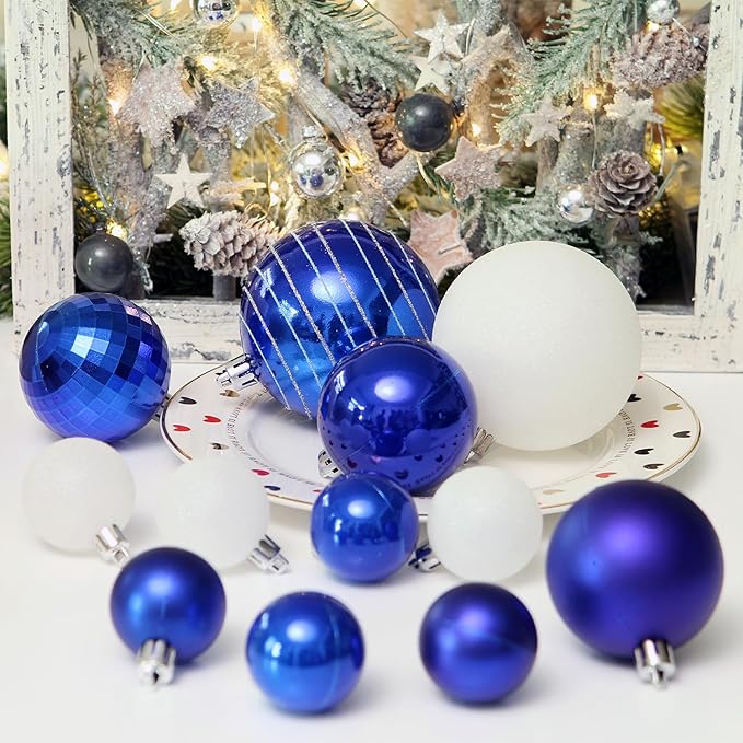 Sea Team 87-Pack Shatterproof Blue Christmas Ball Ornaments Set, Assorted Multi-Sized Hanging Baubles, Xmas Tree Decorations, Seasonal Décor for Holiday Wreath Garland, Hooks Included