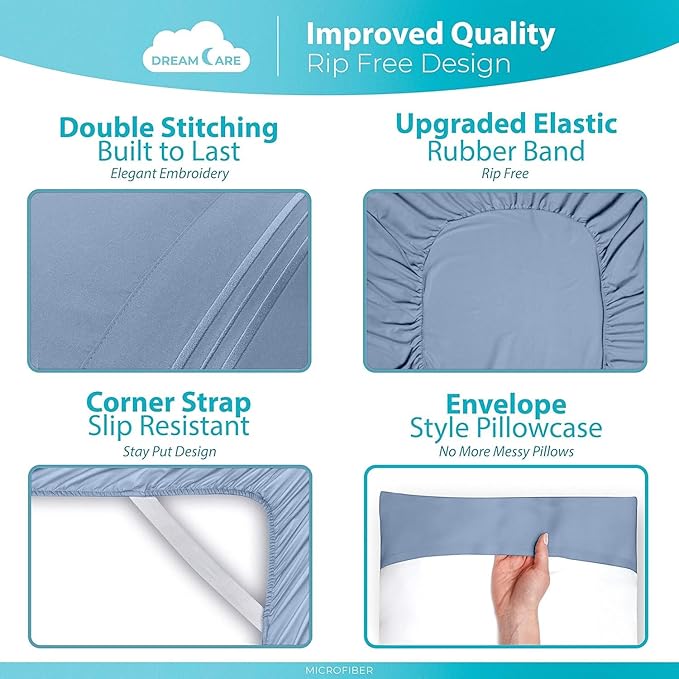 DREAMCARE Queen Sheet Set – 6 pcs Cooling Bed Sheets – up to 15” Deep Sheets Queen Size Bed Set – 2500 Supreme Collection – Extra Soft 100% Brushed Microfiber Hotel Luxury with Side Pocket – L Blue