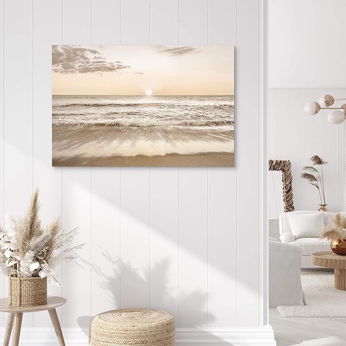 Beach Sunset Canvas Wall Art: Ocean Prints Sea Waves Picture Coastal Scenery Artwork Contemporary Large Tropical Nature Seascape Painting for Modern Living Room Bedroom Bathroom