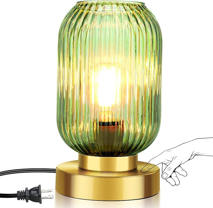 Touch Control Mid Century Modern Table Lamp, 3 Way Dimmable, Green Glass, Small Gold, Vintage Bedside Lamp for Bedroom, Living Room,Office