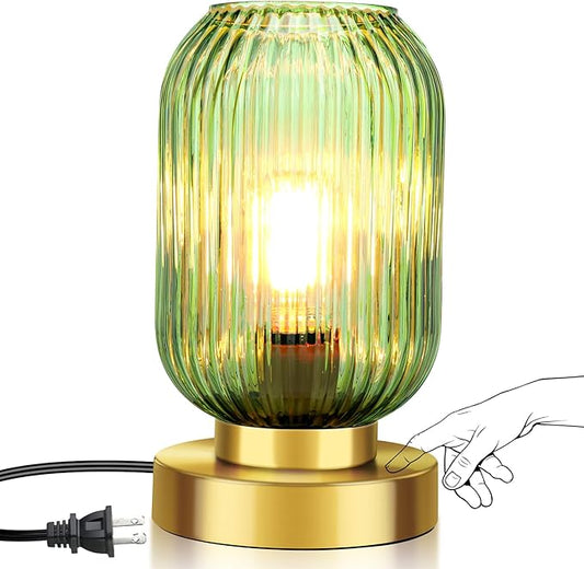 Touch Control Mid Century Modern Table Lamp, 3 Way Dimmable, Green Glass, Small Gold, Vintage Bedside Lamp for Bedroom, Living Room,Office