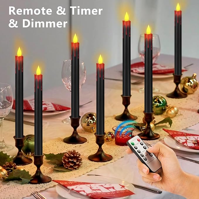 Flameless Taper Candles 10.6" Dripless Battery Operated Taper Candles Included Remote Timer 400+ Hours by 2AA Batteries for Halloween Christmas Wedding (Black+Burgundy, 24 Pack)