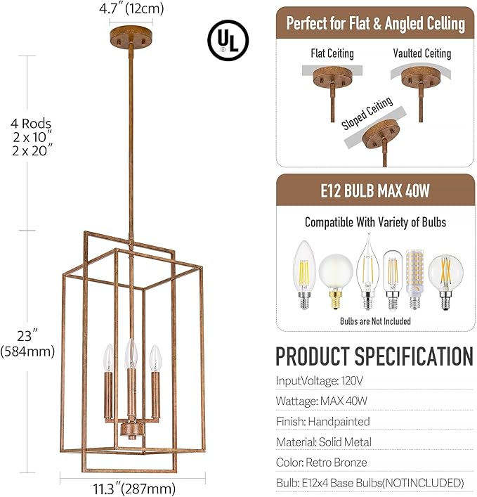 Antique Bronze Chandelier Lighting Fixture with Geometric Metal Cage, Retro Inspired 4-Light Industrial Pendant for Kitchen Island, Living Dining Room, Home Office Stairwell