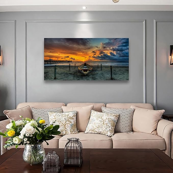 Beach Themed Wall Art Canvas Prints Seascape Poster Bathroom Décor Boat Ocean Sunset Landscape Paintings for Bedroom Dining Room Home Kitchen Decorations Natural Artwork 28x57 Picture Wooden Frames