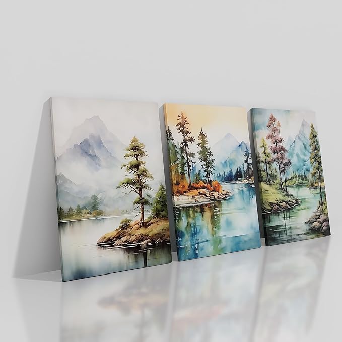 Forest Canvas Wall Art Home Decor 3 Piece Wooden Framed Landscape Watercolor Mountain Green Trees Painting Poster HD Picture Print Artwork for Bedroom Living Room Hotel Ready to Hang [48''Wx24''H]