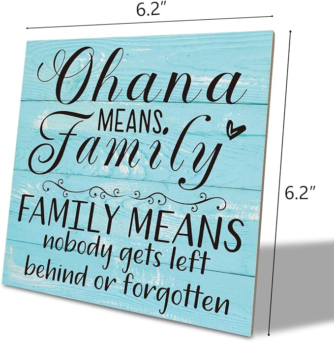 Family Wooden Plaque, “Family Means Nobody Gets Left Behind or Forgotten”, 6.2x6.2 Inch Table Art Sign, Farmhouse Quote Decor for Living Room or Home Tabletop E