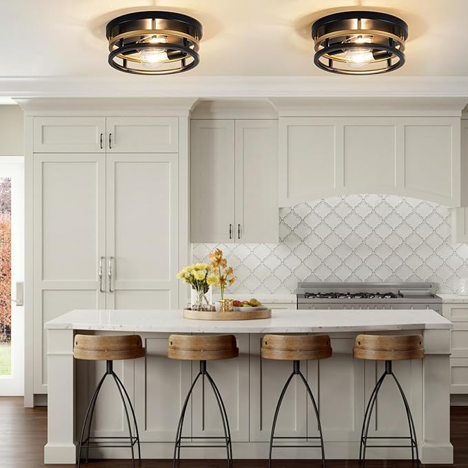 2 Light Industrial Ceiling Light Black Gold Semi Flush Mount Lights Close to Ceiling Light Fixtures,cage design Farmhouse Ceiling Lighting for Kitchen Bedroom Bathroom Foyer Hallway (E26, 2Pack)