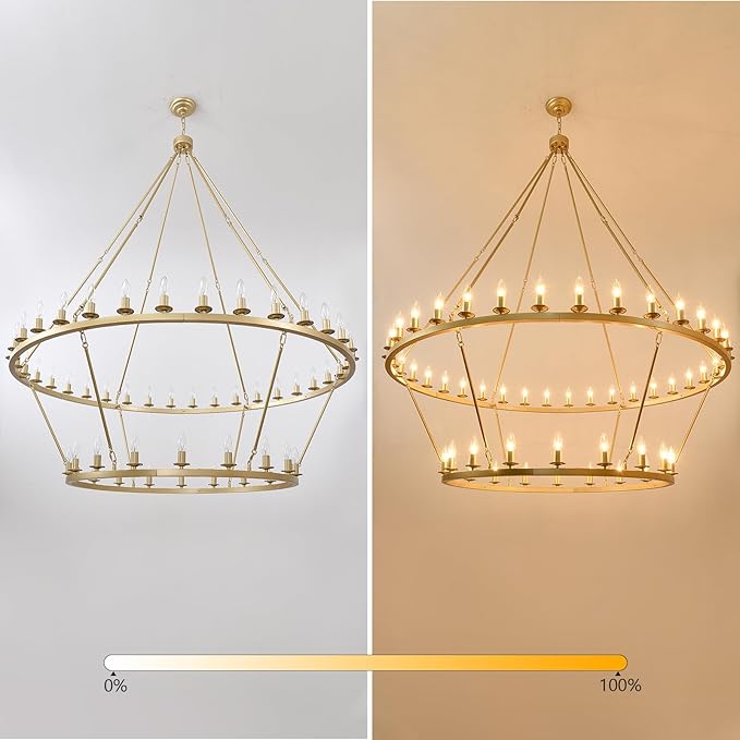 60 Inch Gold Wagon Wheel Chandelier, 2 Tier 54-Lights Large Farmhouse Chandeliers for High Ceilings, Extra Large Industrial Brushed Gold Pendant Lights for Foyer Hallway Dining Room Living Room