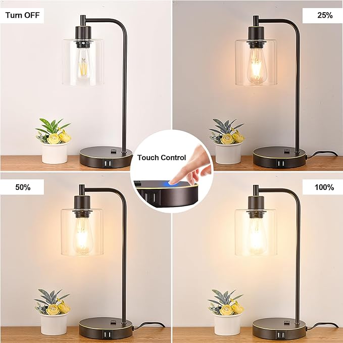 Industrial Touch Table Lamps Set of 2 - Bedside Lamps with 2 USB Ports & AC Outlet, 3-Way Dimmable Nightstand Desk Lamp for Bedroom Living Room, Glass Shade & 2 LED Bulbs Included - Oil-Rubbed Bronze