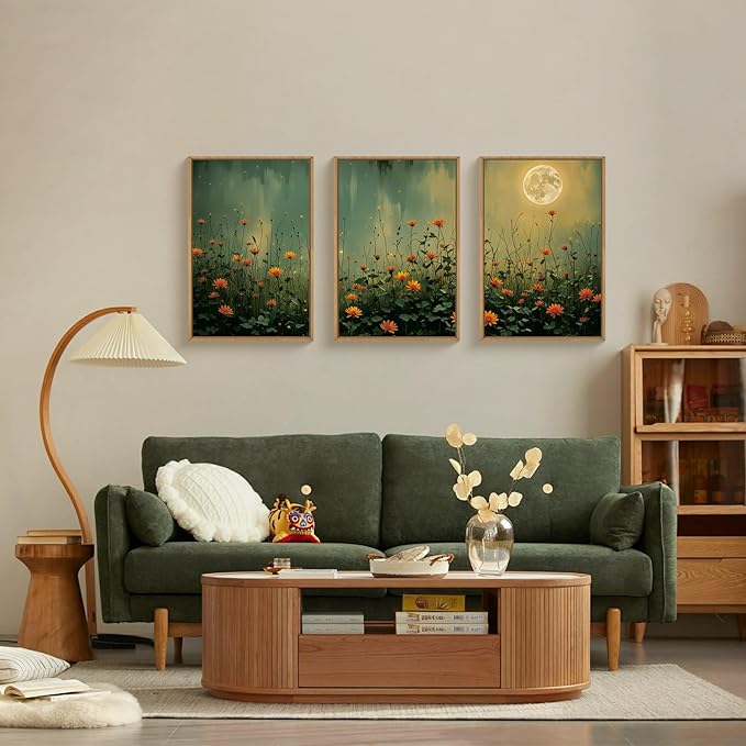 HOURIA Mystical Midnight Wildflower Framed Canvas Wall Art Set,Moonlit Orange Floral Wall Decor,Nature Inspired Landscape Artwork,Watercolor Art Prints for Living Room,Bedroom,Farmhouse-16 x24 x3