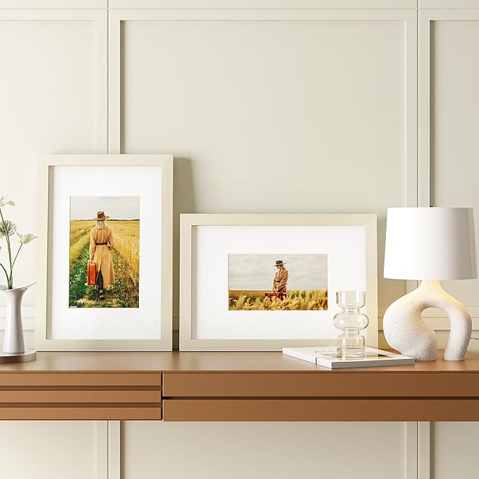 Egofine 8x12 Picture Frames Set of 4, Made of Solid Wood Covered by Plexiglass 5x7 and 6x8 with Mat or 8x12 without Mat, for Table Top Display and Wall Mounting Photo Frame Beige