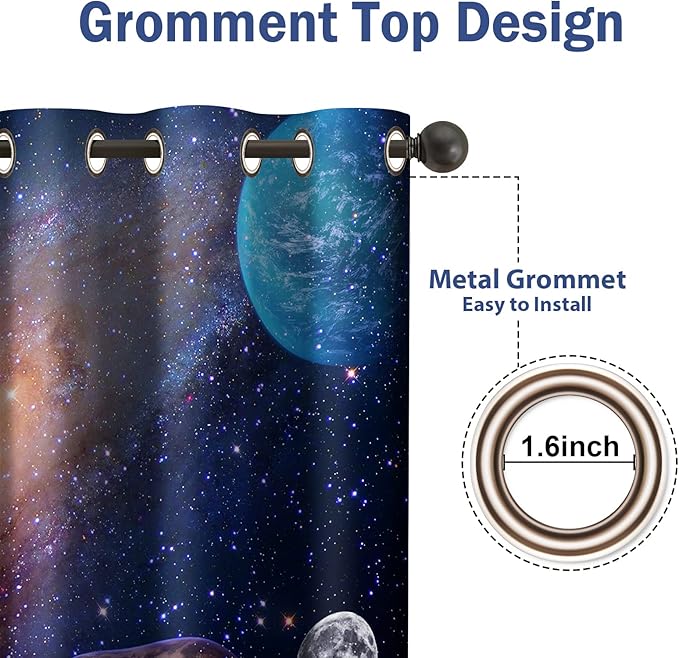 Jekeno Galaxy Planet Blackout Curtains Outer Space Universe Nebula Stars Starry Sky Decor for Kids Boys Teens Girls Bedroom Living Room Darkening Grommet Window Drapes 2 Panel Set, 42"x84"