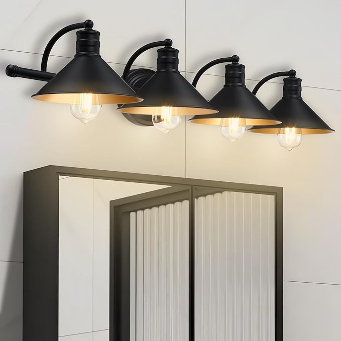 4 Light Bathroom Vanity Light Over Mirror - Black and Gold Farmhouse Wall Light for Bathroom Vanity Powder Room, Rustic Goose Neck Barn Style 4 Bulb Wall Sconce Over Kitchen Sink