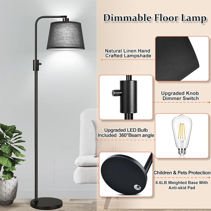 Nintiue [Upgraded] Dimmable Floor Lamp, 1000 Lumens LED Edison Bulb Included, Black Shade, Modern Arc Standing Tall Floor Lamp for Living Room Bedroom Office Dining Room