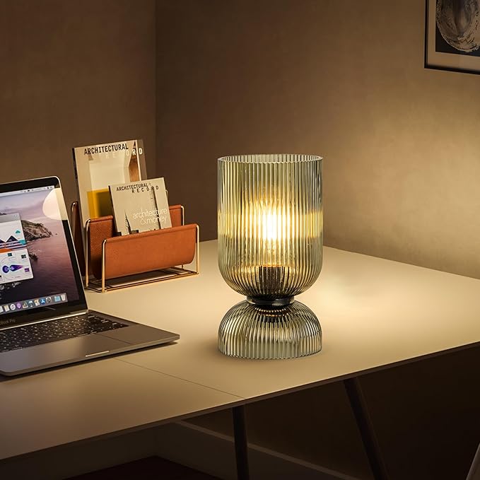 Modern Table Lamp,Glass Mid Century Lamp with Green Glass Shade, Bedside Lamp with On/Off Switch, Minimalist Nightstand Lamp for Bedroom, Living Room, Office (Bulb not Included)